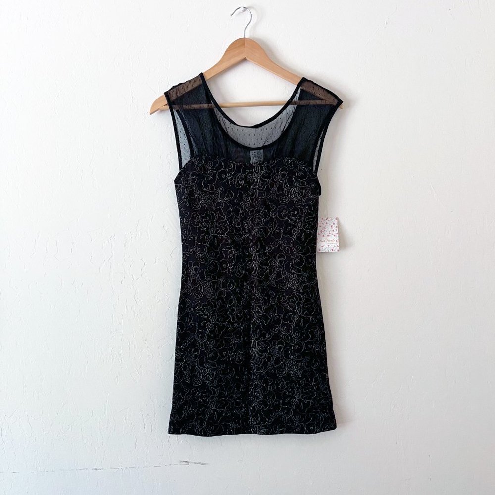 Free People Black & Gold "Dragonfly" Embroidered Bodycon Dress, S